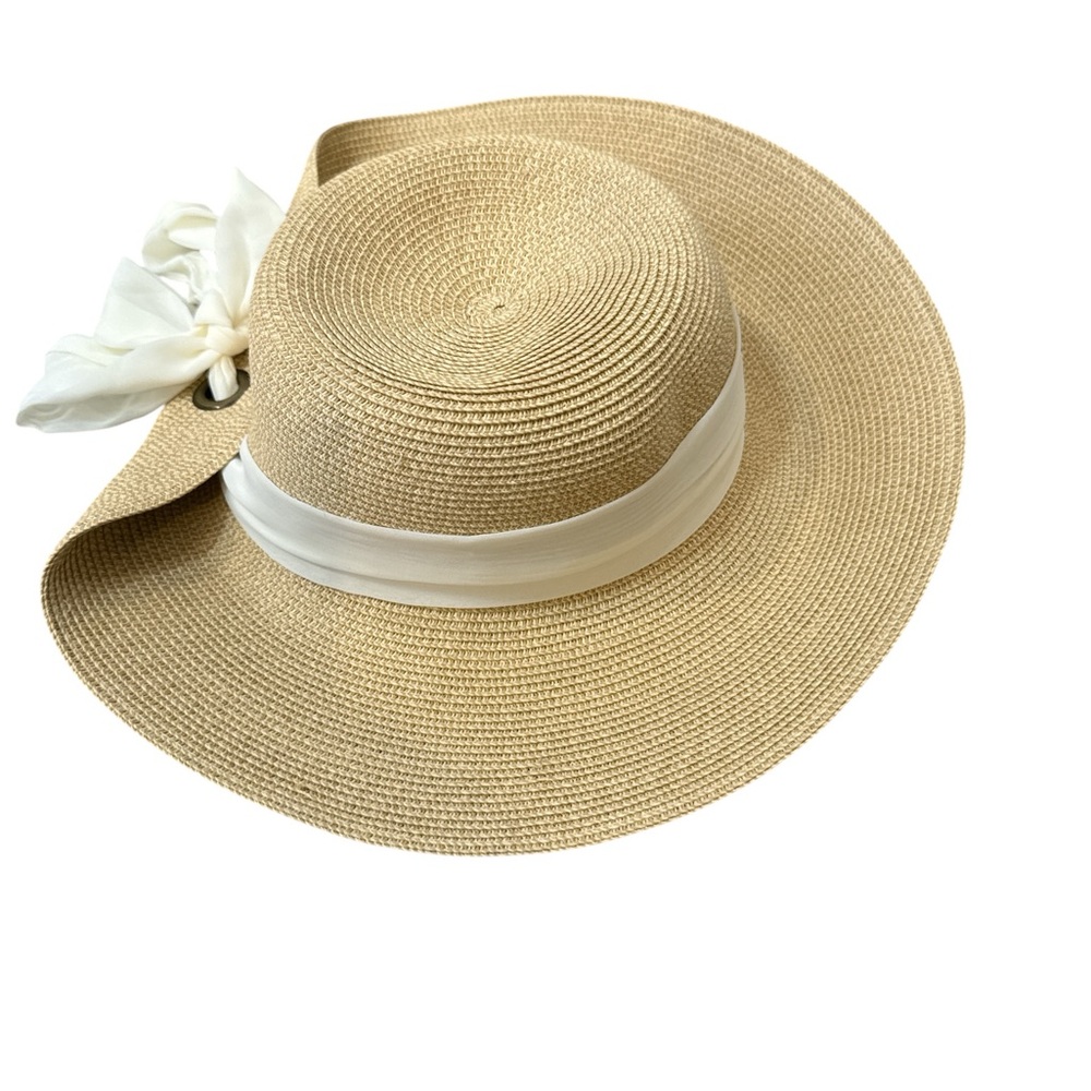 Riviera New York Packable Straw Scarf Sun Hat Wide Brim - Picture 4 of 6